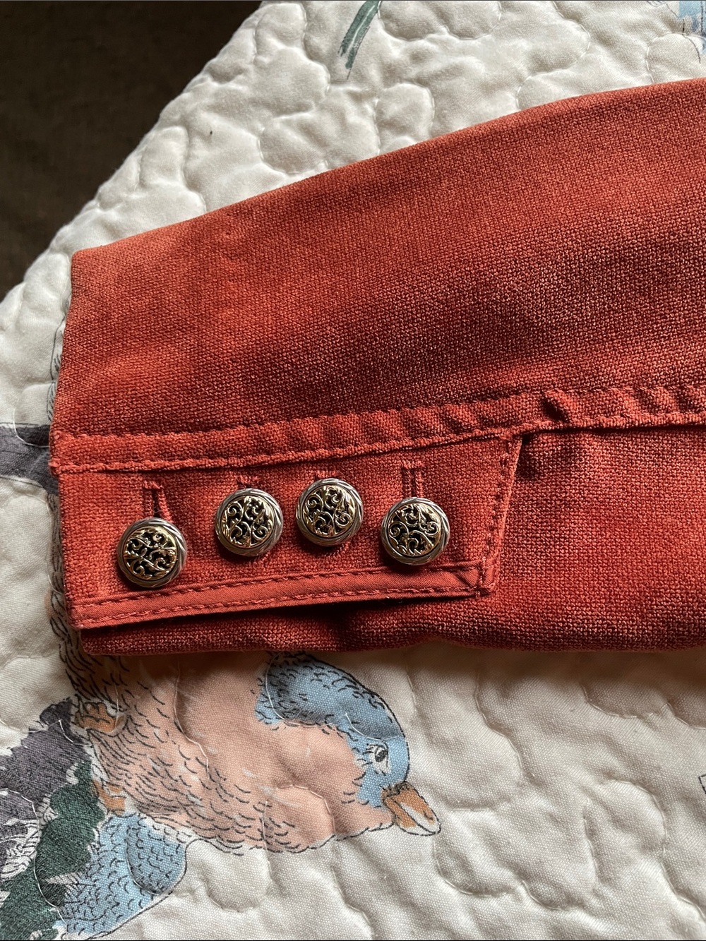 Double Breasted Suede Look Rust Color Ruffled Jacket - Picture 10 of 14